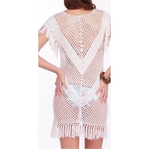 NWOT Vintage Havana Crocheted Fringe V-Neck Swim Cover Up Dress Small - Picture 2 of 11